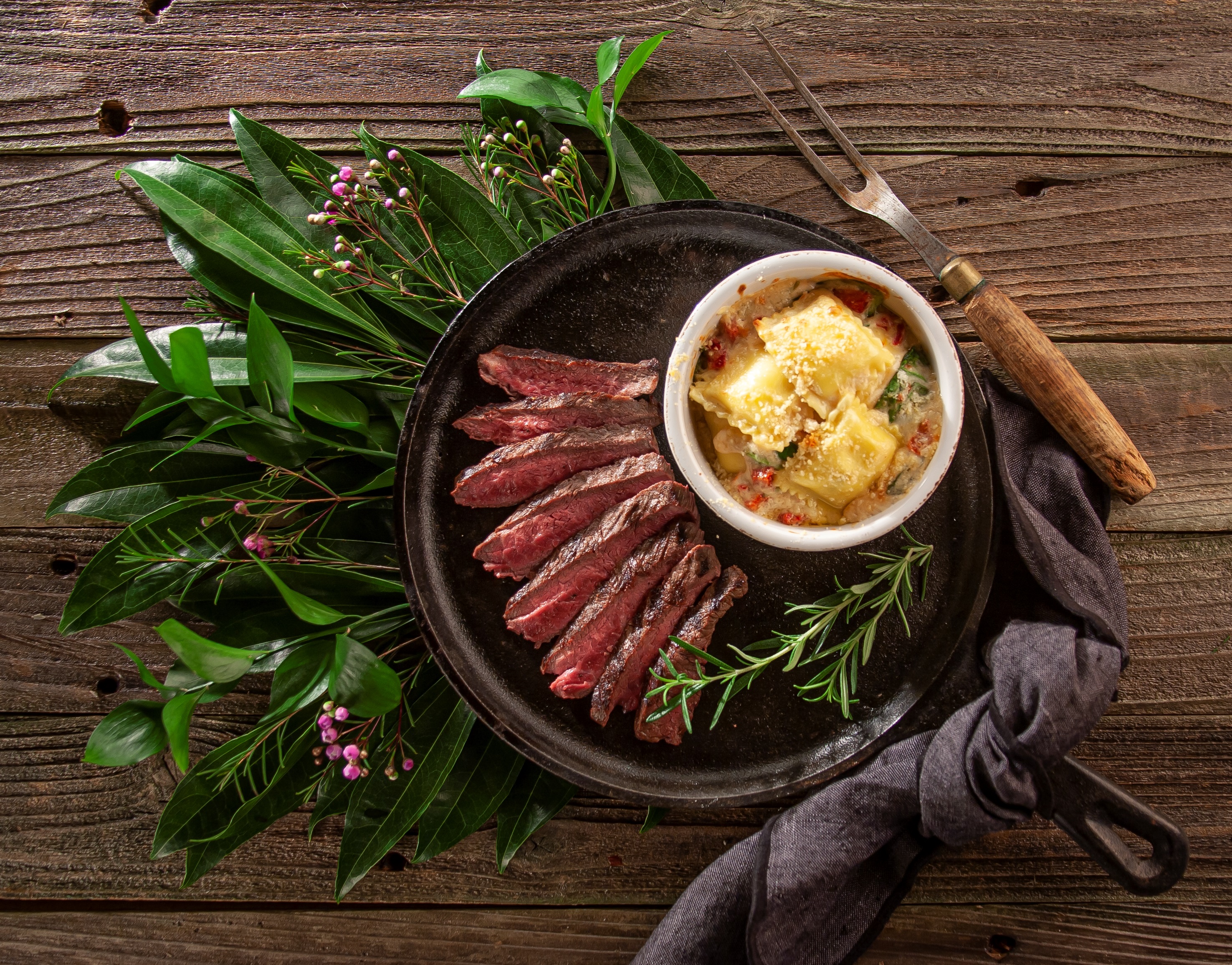 Seared Steak with Cheesy Baked Four Cheese Ravioli 