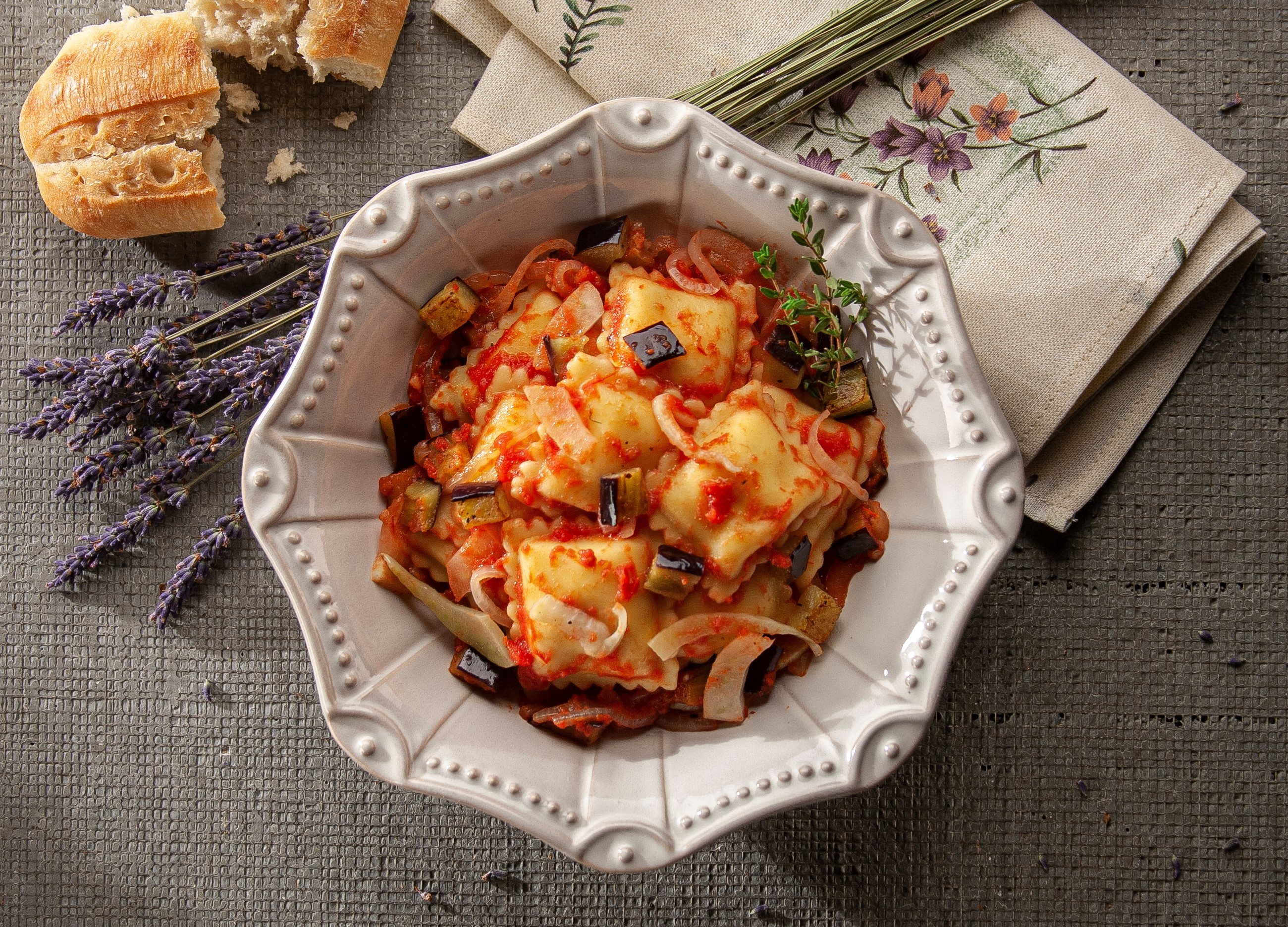 Four Cheese Ravioli with Tomato & Eggplant Sauce