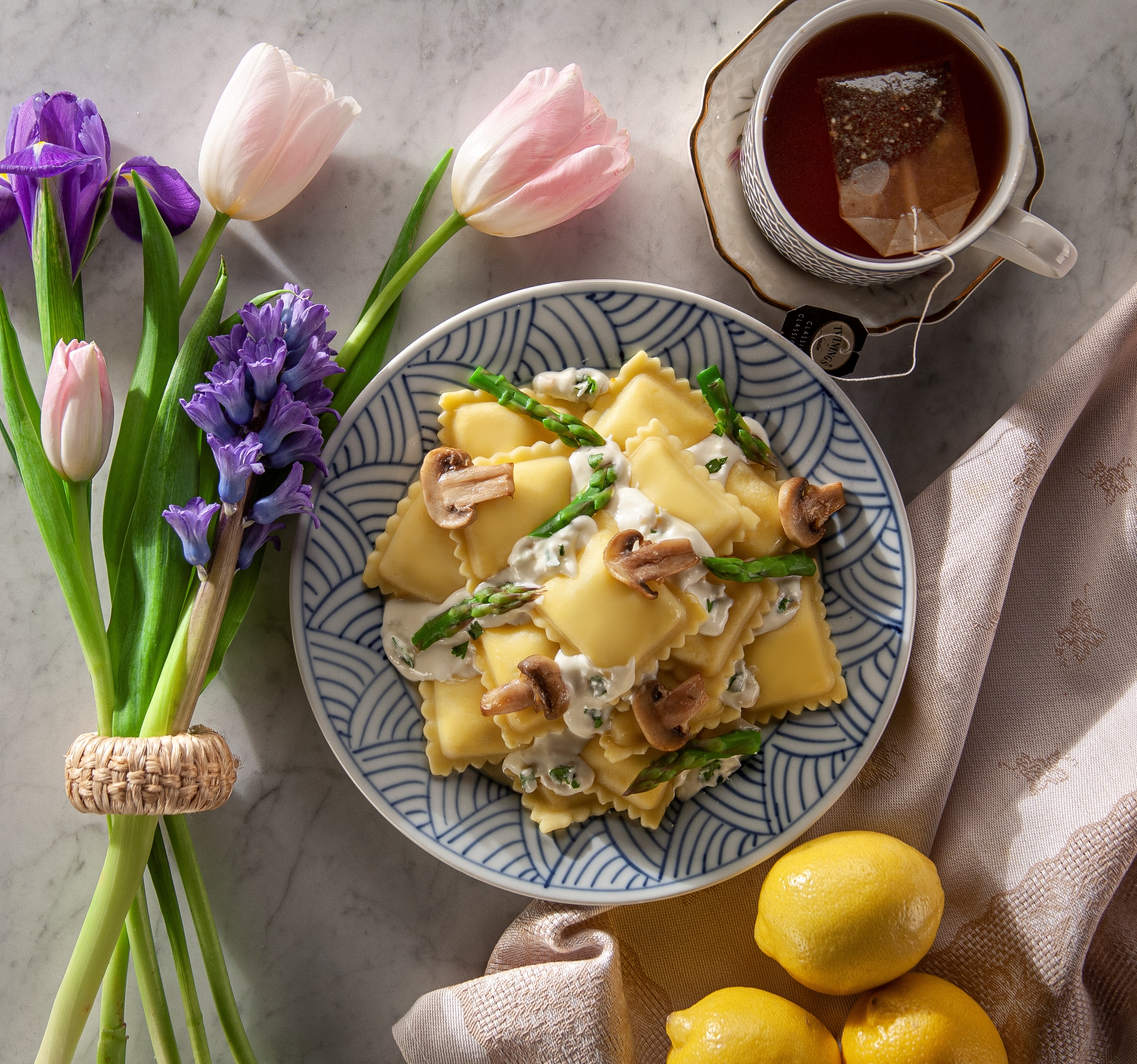 Four Cheese Ravioli with Asparagus, Mushrooms and a Lemon Cream Sauce