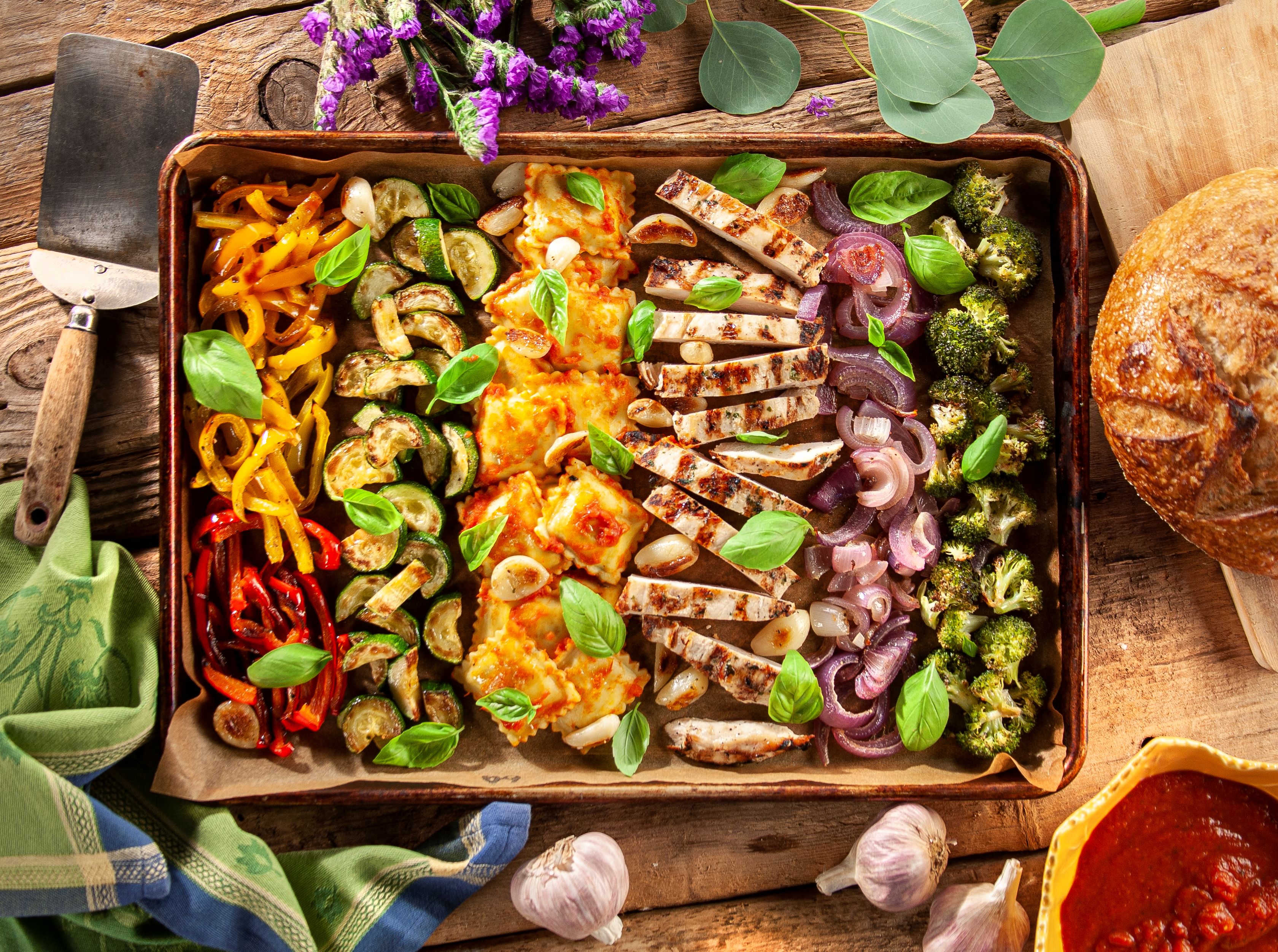 Sheet Pan Spinach and Cheese Ravioli with Chicken and Veggies