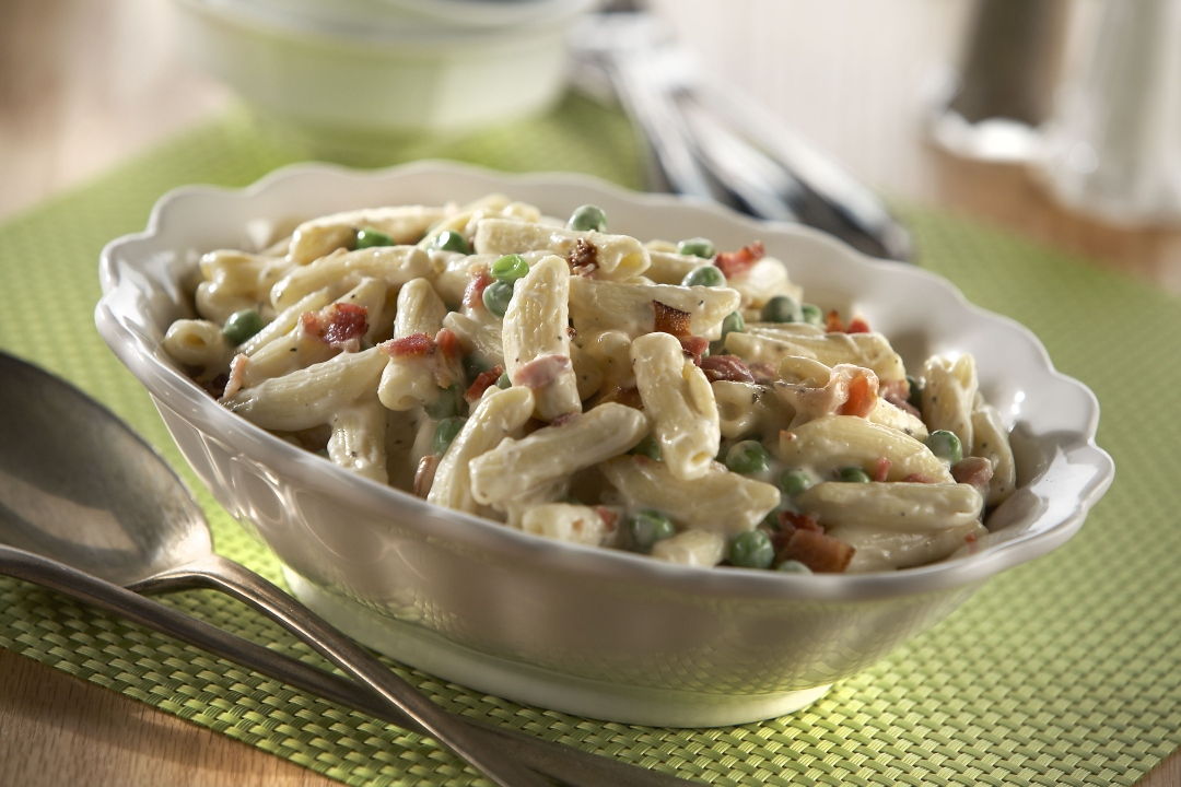 Cavatelli with Bacon, Peas and a Creamy Garlic Alfredo Sauce