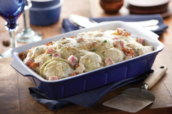 Swiss, Ham and Cheese Ravioli Bake