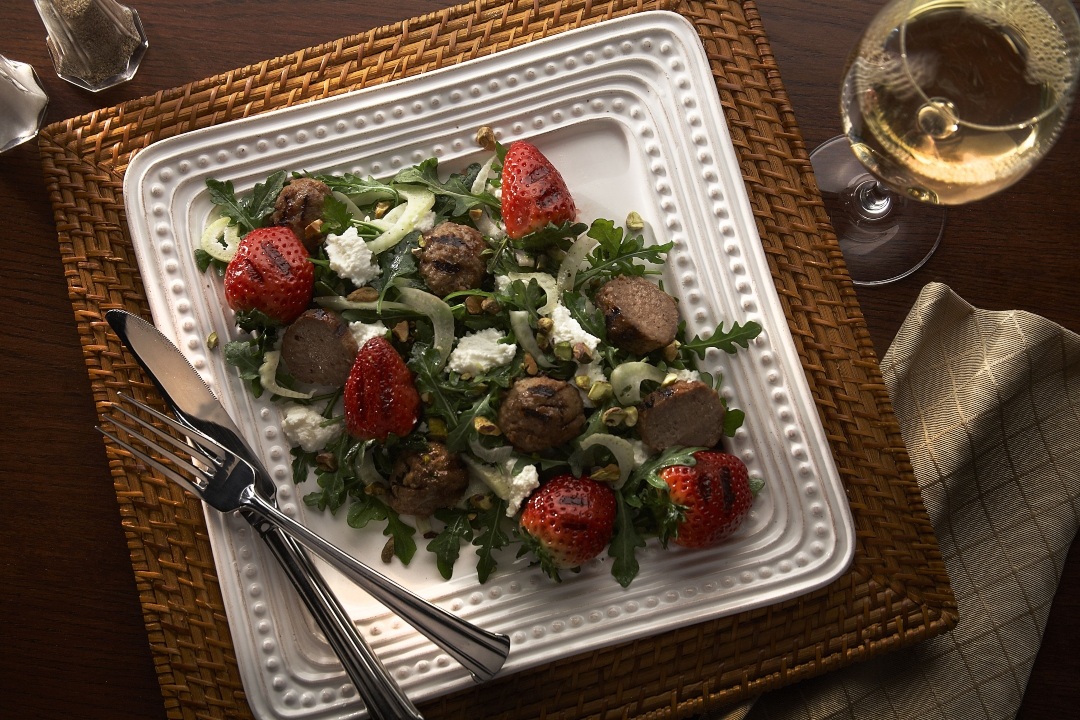 Grilled Meatball, Strawberry, Arugula and Fennel Salad