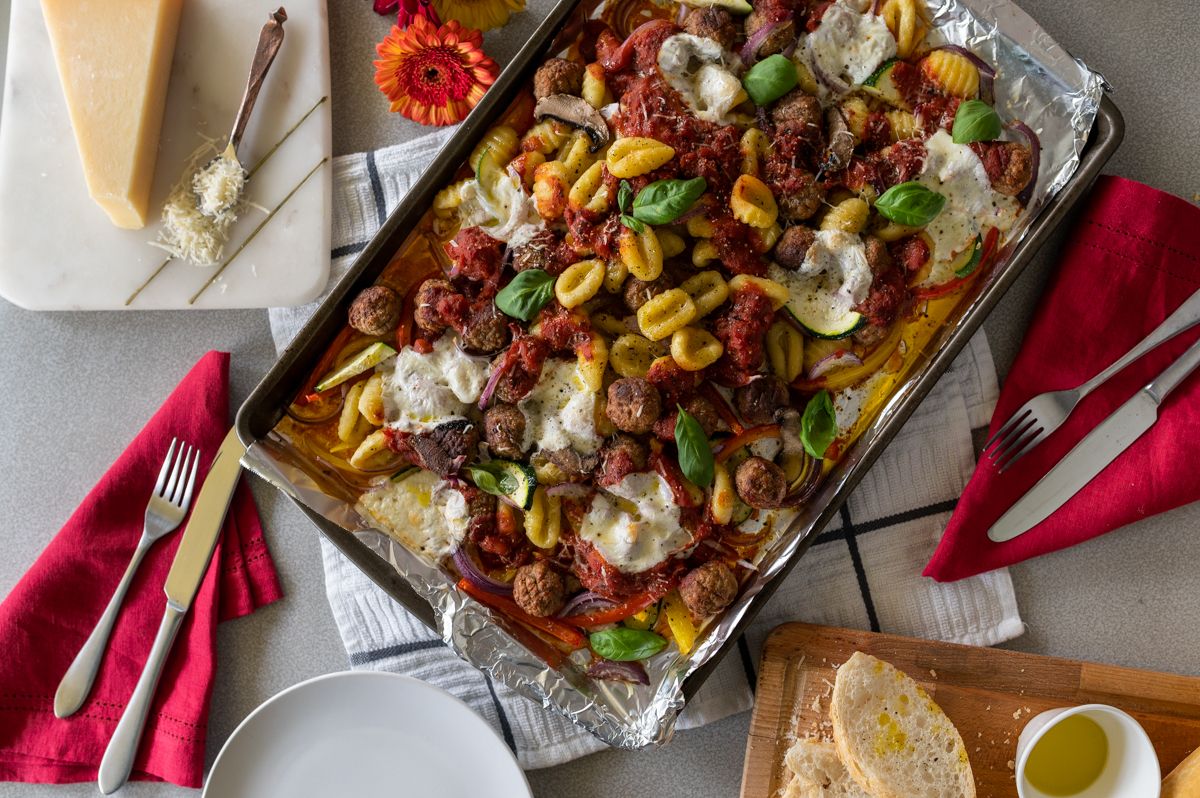 Sheet Pan Meatball, Gnocchi and Veggie Bake