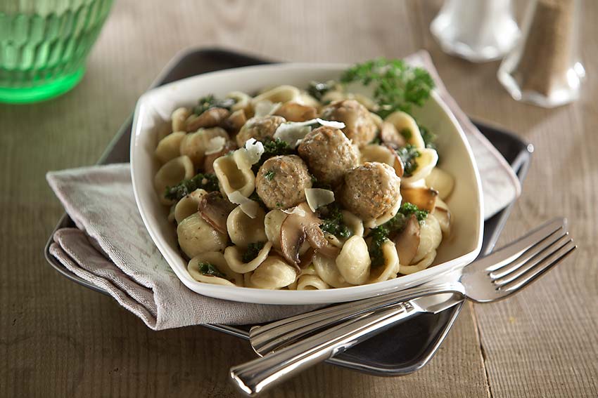 Orecchiette Pasta with Garlic, Mushrooms, Kale and Italian Style Meatballs