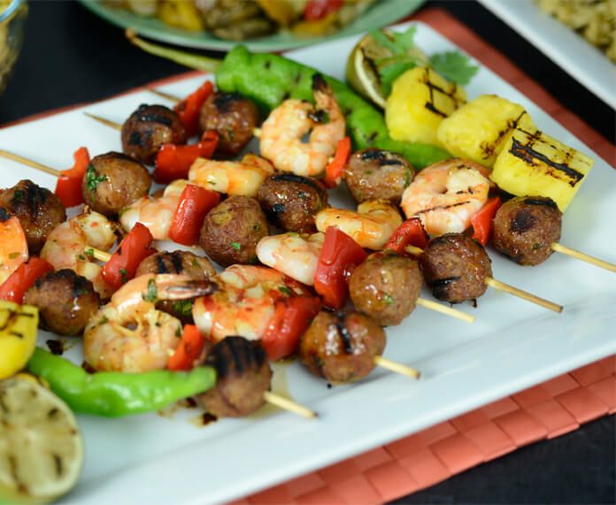 Grilled Meatball and Shrimp Skewers with Red Peppers