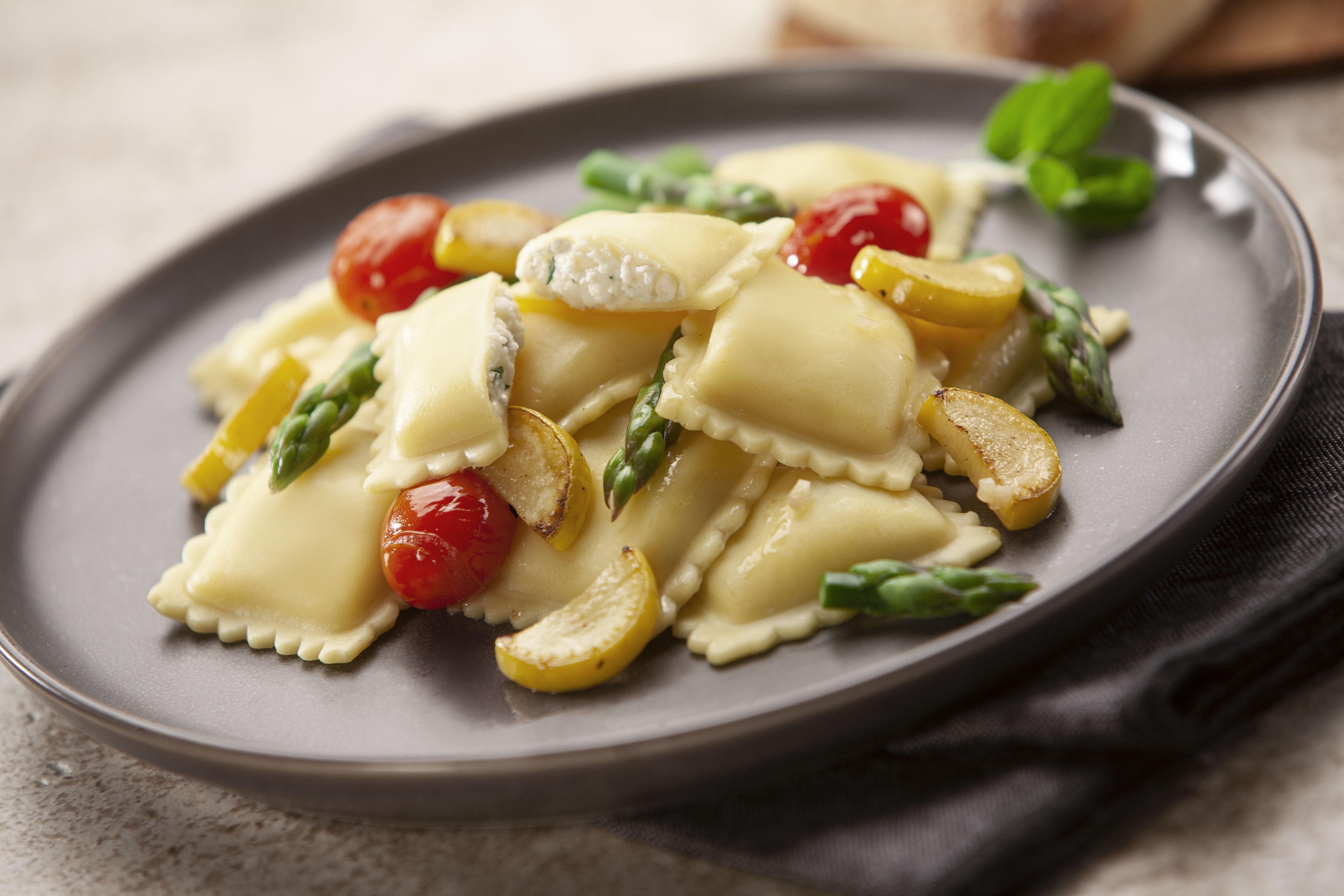Four Cheese Ravioli with Asparagus and Cherry Tomatoes