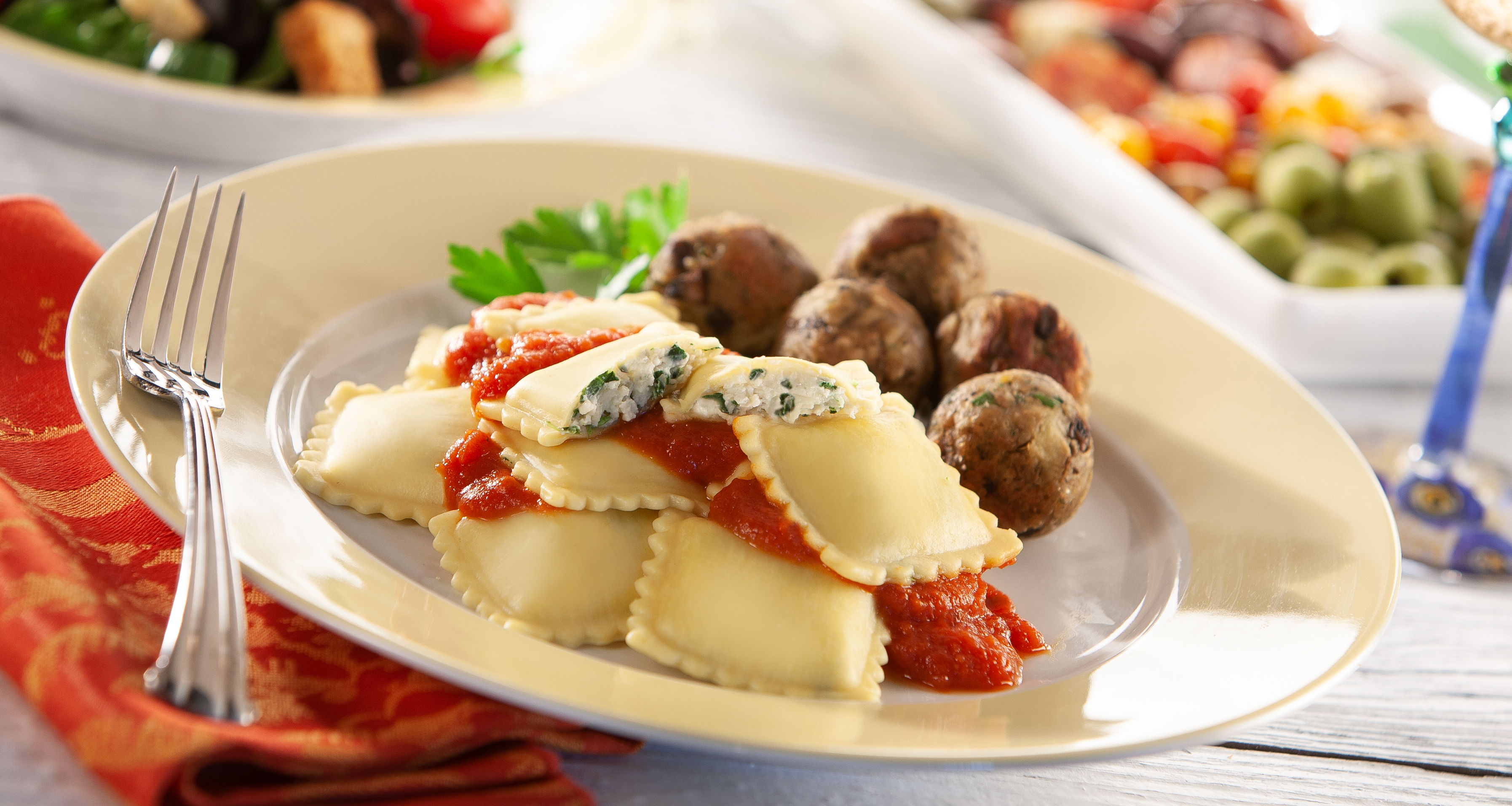 Spinach and Cheese Ravioli with Meatless Meatballs and Pomodoro Sauce